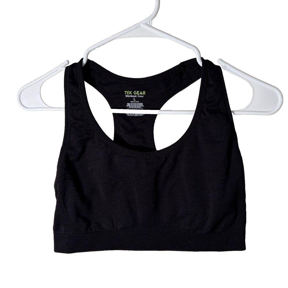 Tek Gear Sports Bra Women's Large Black Workout Gear Round Neck Solid Active